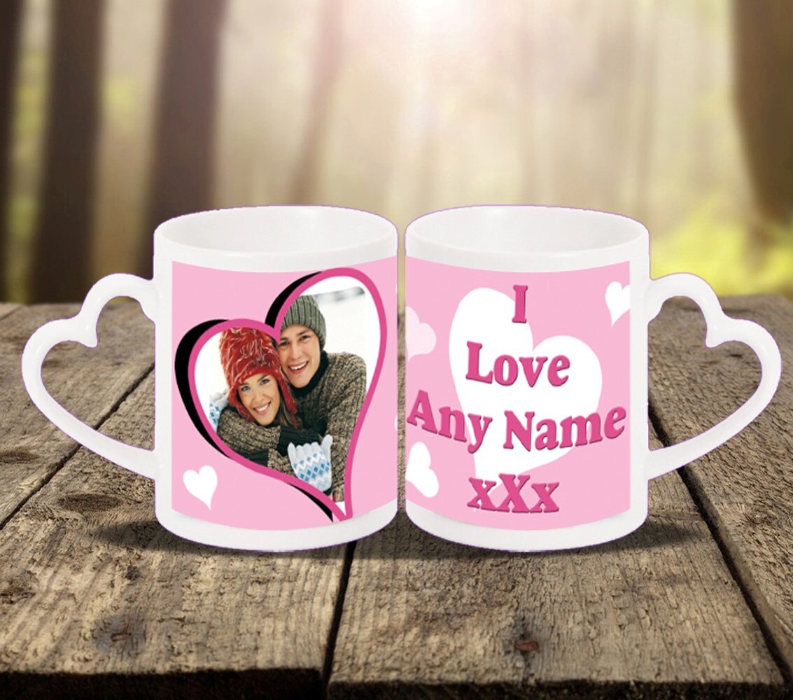 Personalised photo love heart handle mug cup. Print any name