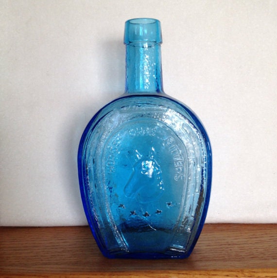 Wheaton Blue Glass Horse Shoe Bitters Bottle In Excellent