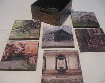 Hand painted coaster boxes with photo coasters.