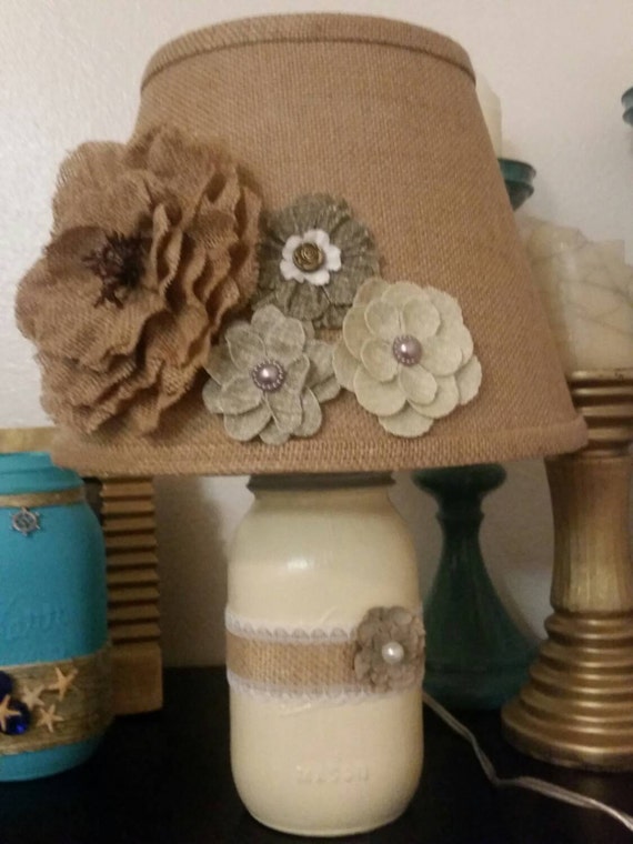Items similar to 32oz Mason jar lamp. Cream gloss base with a burlap