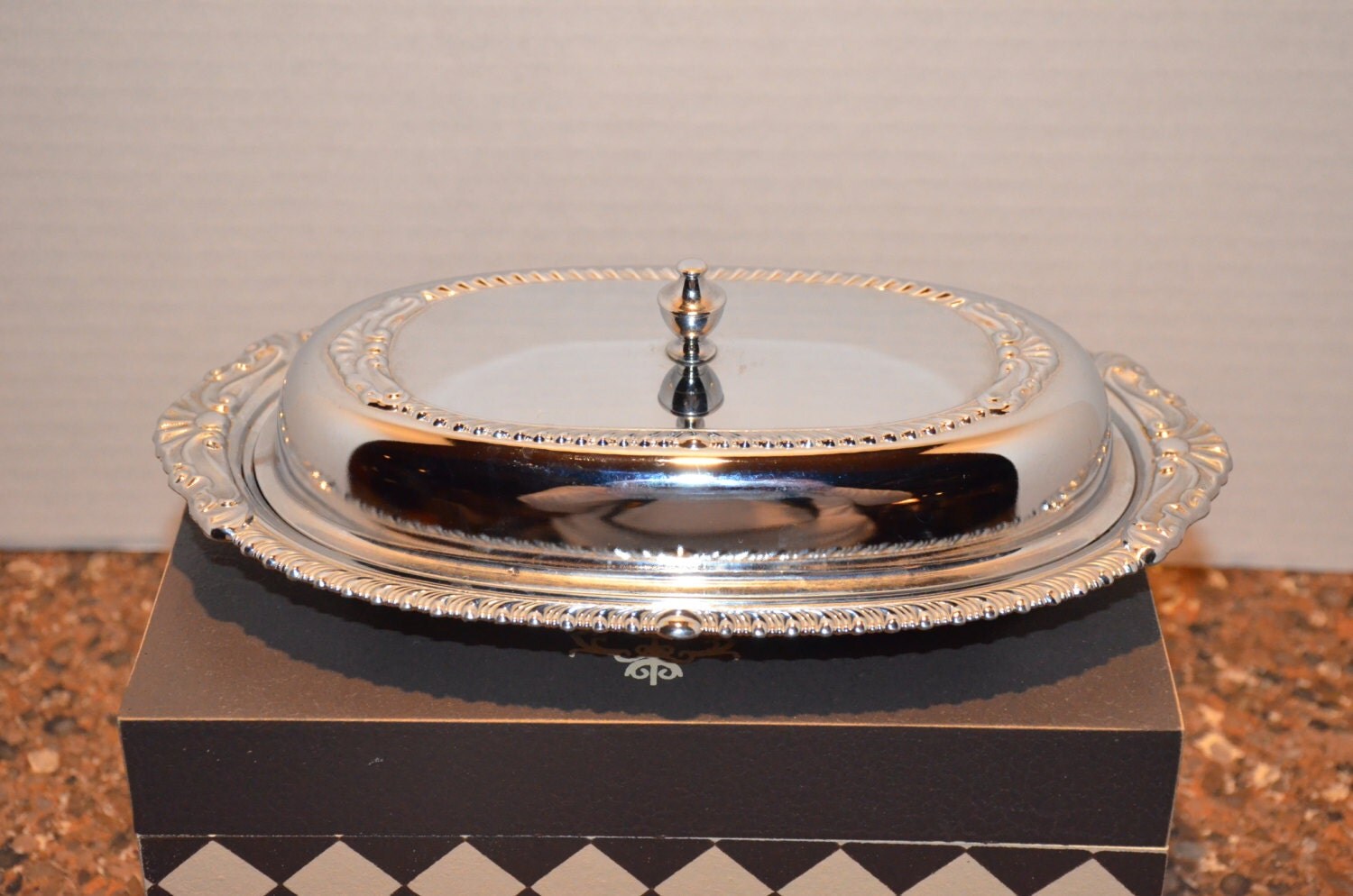 Chrome Plated Covered Butter Dish with Glass insert. Haute Juice