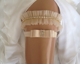 wedding garter set, champagne bridal garter set, champagne bow, crystal rhinestone/gold