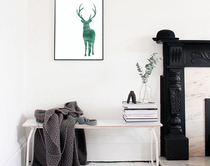 Reindeer Watercolour Illustration (Green) - Printable Illustration / Watercolor Reindeer Wall Art / Scandinavian Wall Art / Minimalist