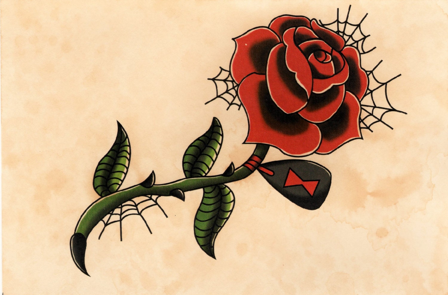 Black Widow Rose Web Tattoo Flash Art Hand-Stained by Raicodoll