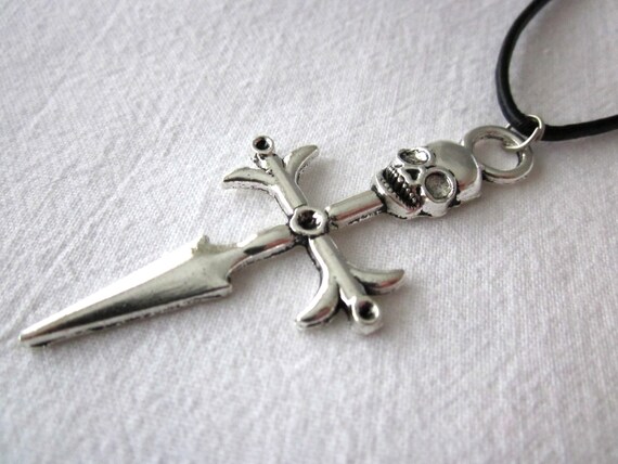 Antique Silver Style Skull Cross Spear on a Leather Necklace