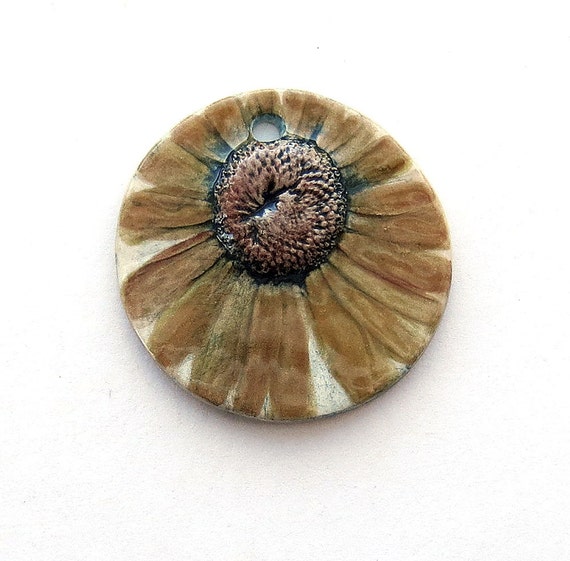 Ceramic Pendant Daisy in late fall yellow browns by Mary Harding