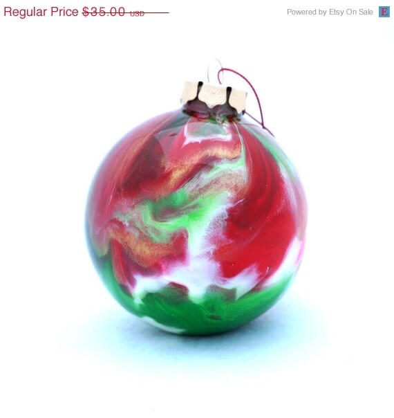 SALE OOAK Glass Christmas Ball Hand Painted Inside Red Green White Large Ornament