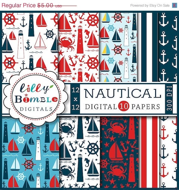 50% off Nautical digital papers with sailboats, lighthouses, anchors scrapbooking papers INSTANT DOWNLOAD Il_570xn