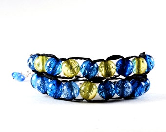 Blue and Yellow with Gold Clasp - Ablet Knitting Abacus - Row Counting Bracelet