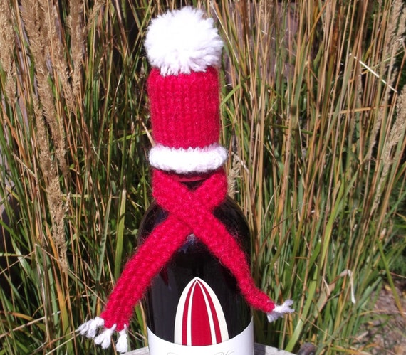 Santa Hat and Scarf Wine Bottle Decoration Hand by AnnMarieL