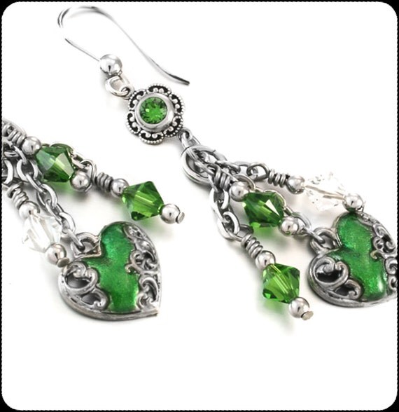 Emerald Birthstone Earrings, Crystal Drop Earrings, Emerald Heart ...