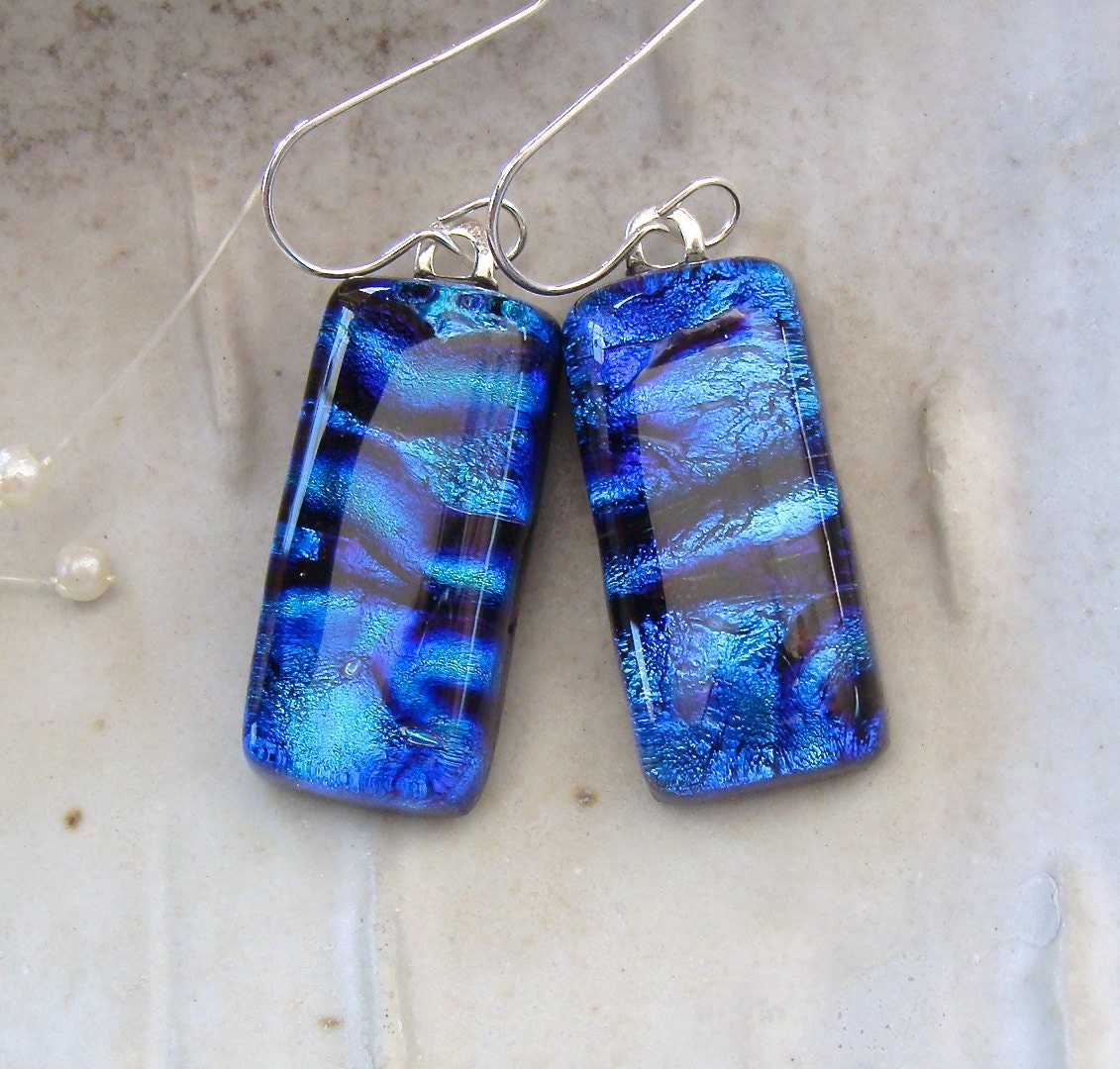 Blue Earrings Fused Dichroic Glass Earrings Dangle by myfusedglass