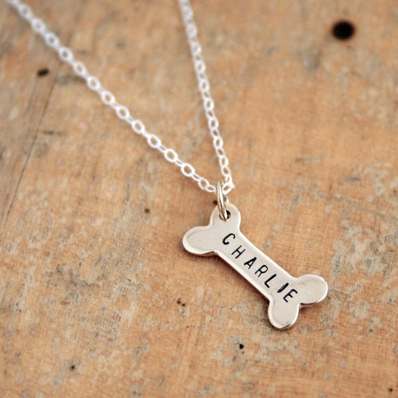 Bronze dog bone necklace with dog name for the pet lover. Free Shipping.