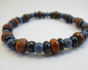 Beaded Mens Bracelet, Masculine Jewelry, Unisex Stretch Bracelet, Blue Coral Seed Stone, Earthy Bracelet, Earth and Sky, Natural Elements