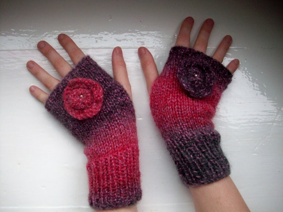 Hand warmers, pink, hand knit, flower, soft, warm, fingerless gloves
