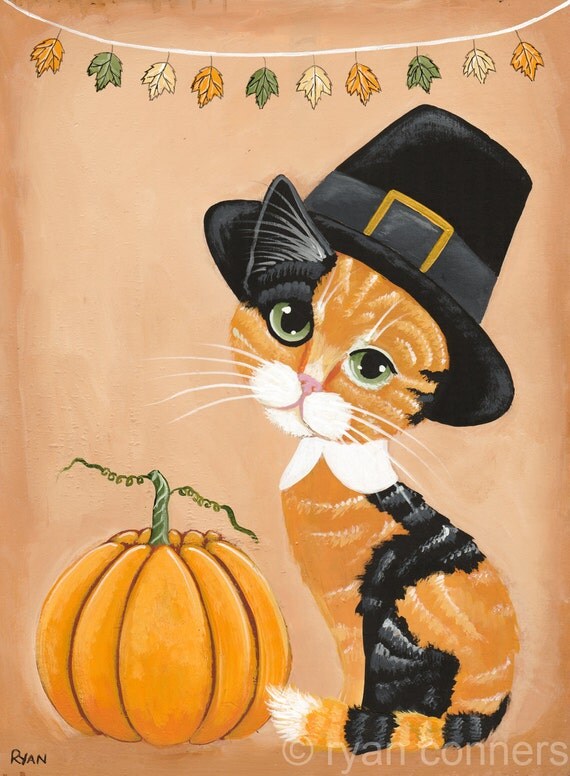 Thanksgiving Pilgrim Calico Cat Original Folk Art Painting
