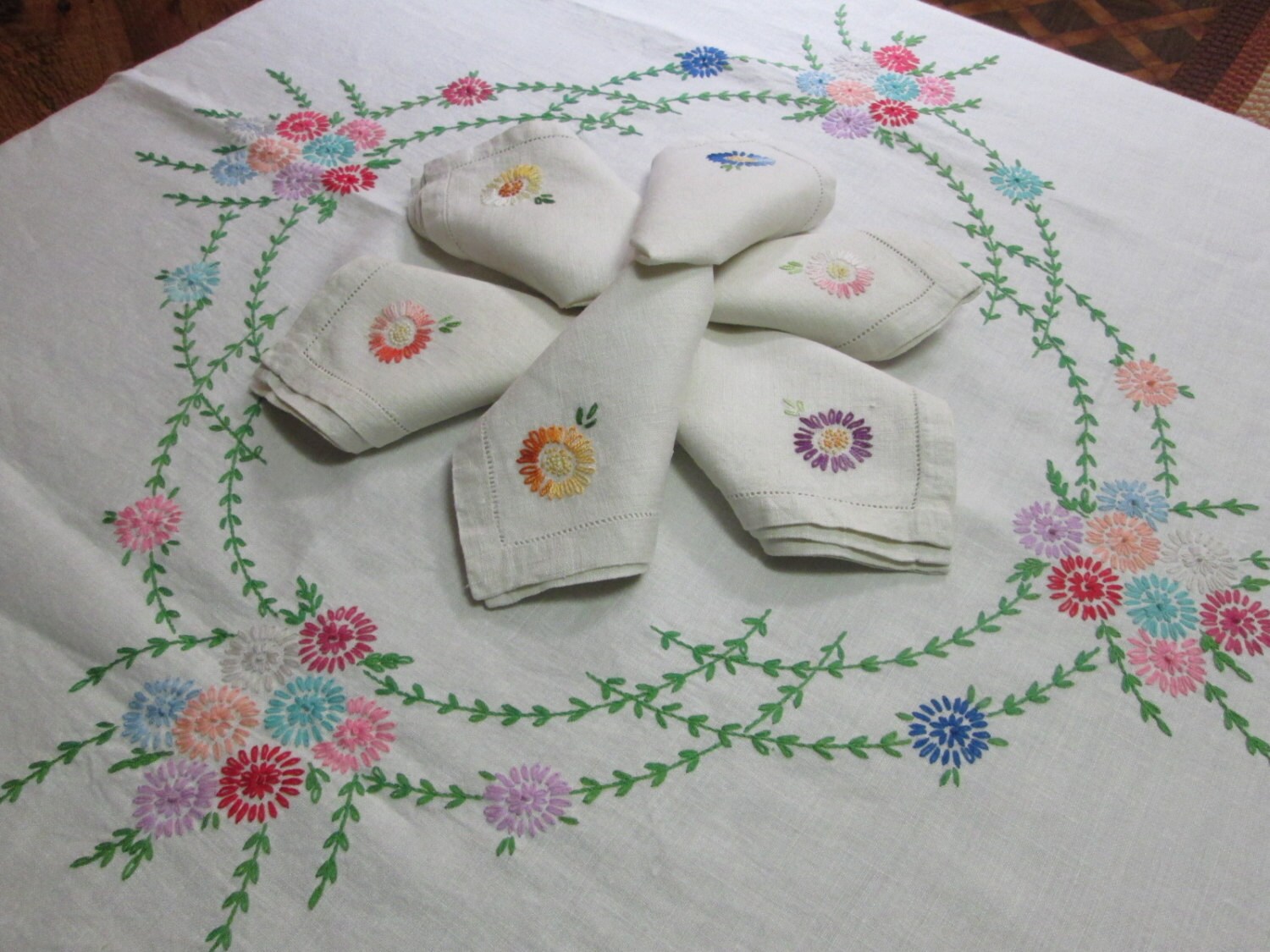 Linen Tablecloth Vintage Embroidery Hand Embroidered Pastel