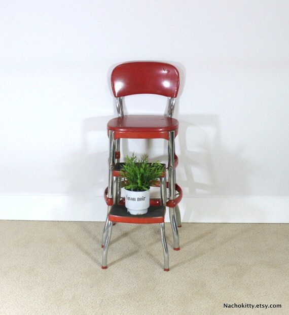1950s Kitchen Stool Folding Red & Metal Step Stool by BarnOwlGoods
