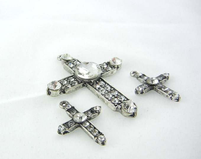 Set of Antique Silver-tone Rhinestone Cross Pendant and Matching Charms Jewelry Supplies