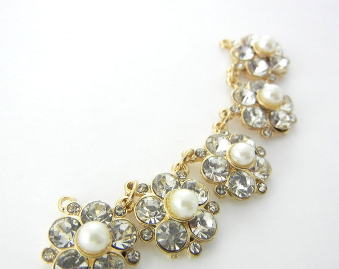 Gold-tone Floral Rhinestone and Faux Pearl Flower Bib or Double Link Pendant