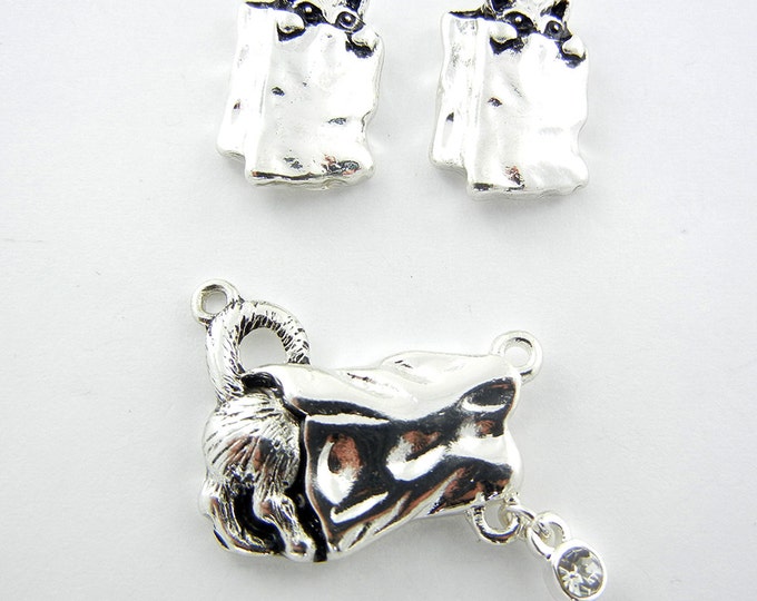 Set of Silver-tone Cat in a Bag Pendant and Charms