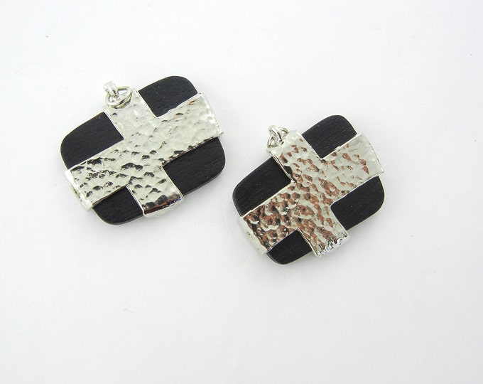 Pair of Black Wood and Hammered Silver-tone Tribal Charms