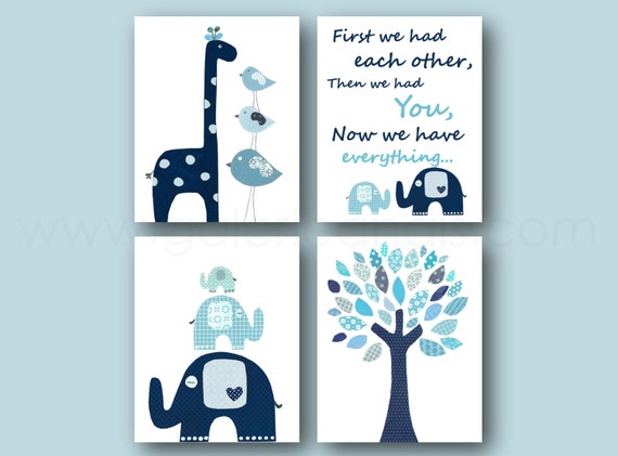 Baby Boy Nursery decor Navy blue tree giraffe nursery bird elephant nursery art quote First we had each other Set of four prints by GalerieAnais