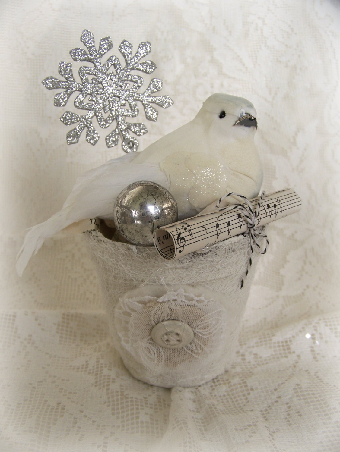 Winter White Christmas Decoration Vintage White Christmas Decor Shabby White Christmas Peat Pot Vintage Dove Altered Pot Vintage Bird