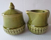 Vintage Japan Creamer Sugar Bowl with Lid Coffee Set Green RARE pattern