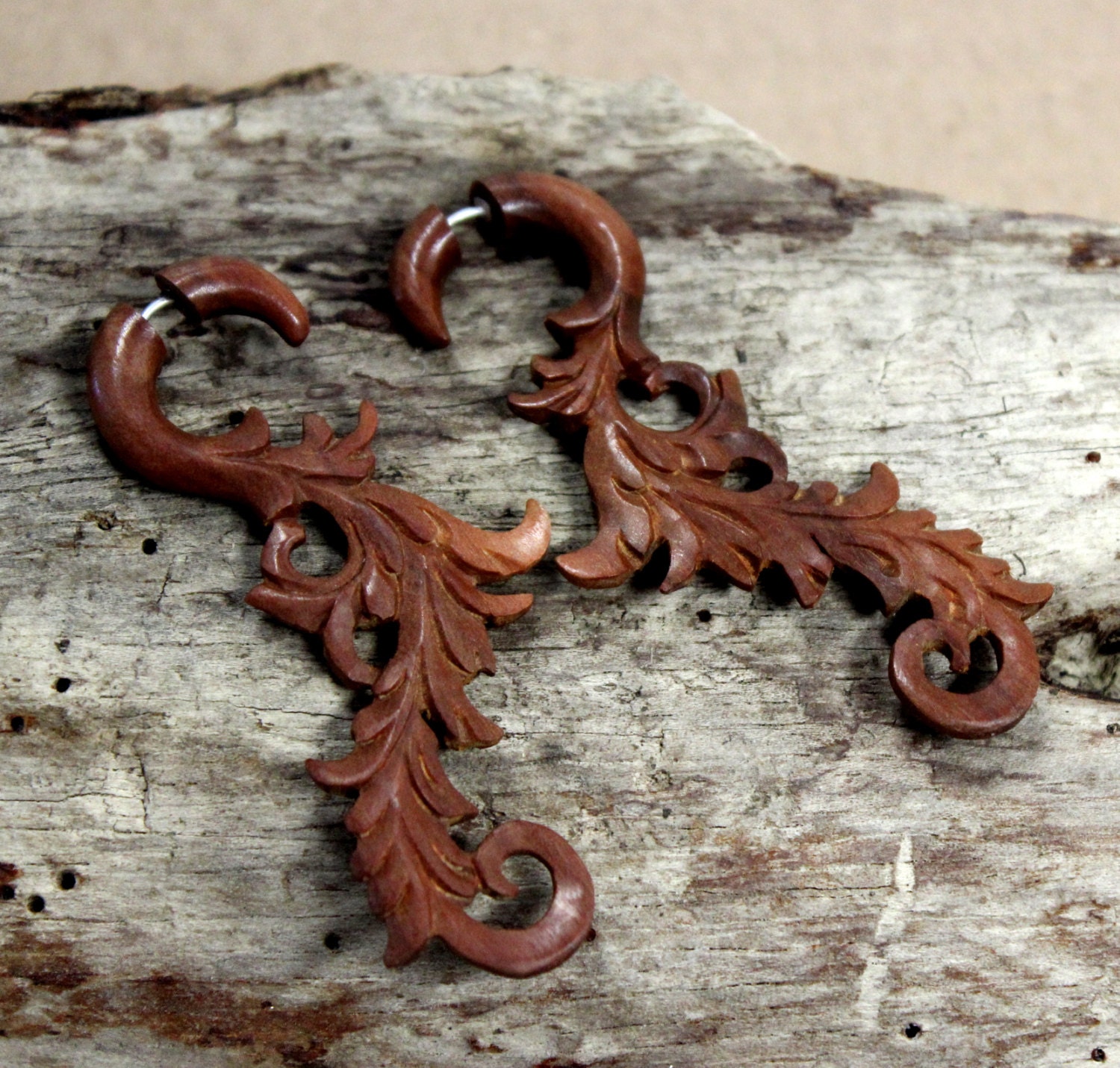 Fake gauge earrings Wood Organic Earrings Tribal by ANELAJADE