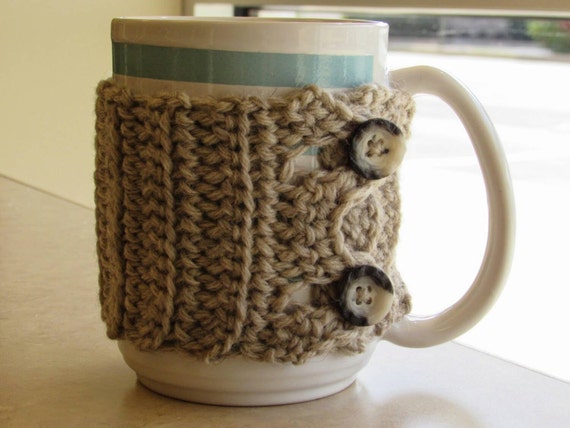 Crochet button mug cozy cup cozy wrap in buscuit