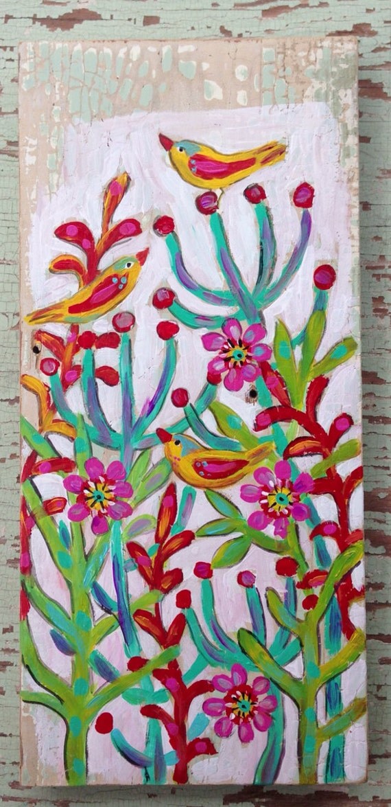 Pretty Birds Original Painting on Rustic Wood by evesjulia12