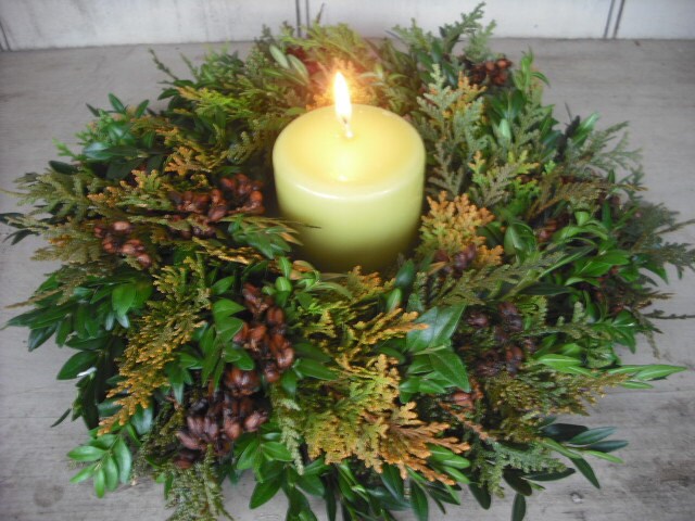 Fresh Boxwood and Cedar evergreen Christmas Wreath or candle ring. No shedding needles.