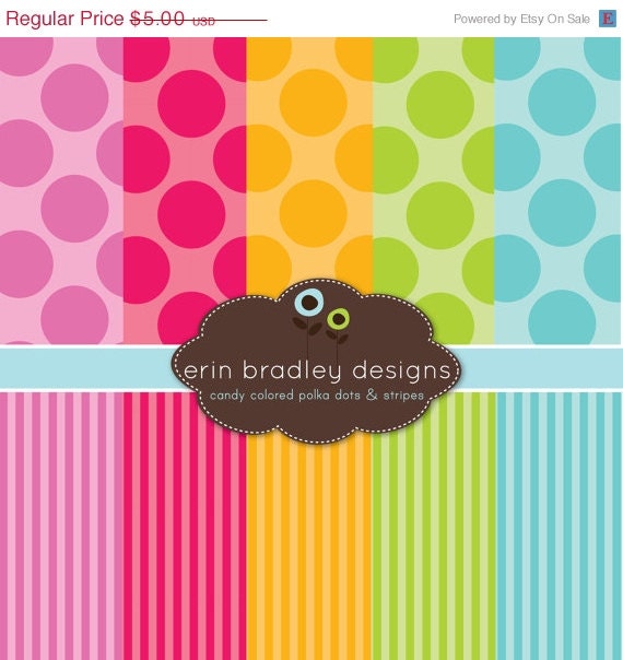 50% OFF SALE Digital Scrapbook Paper Personal and Commercial Use Colorful Polka Dots and Stripes Il_570xn