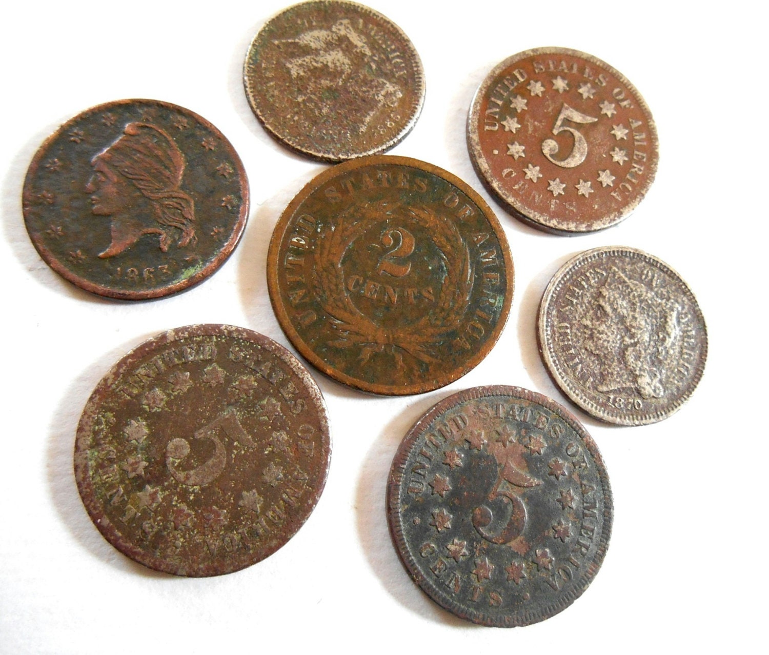 Us Civil War Era 7 Coin Lot 1863 Token 2 3 5 Cent Old