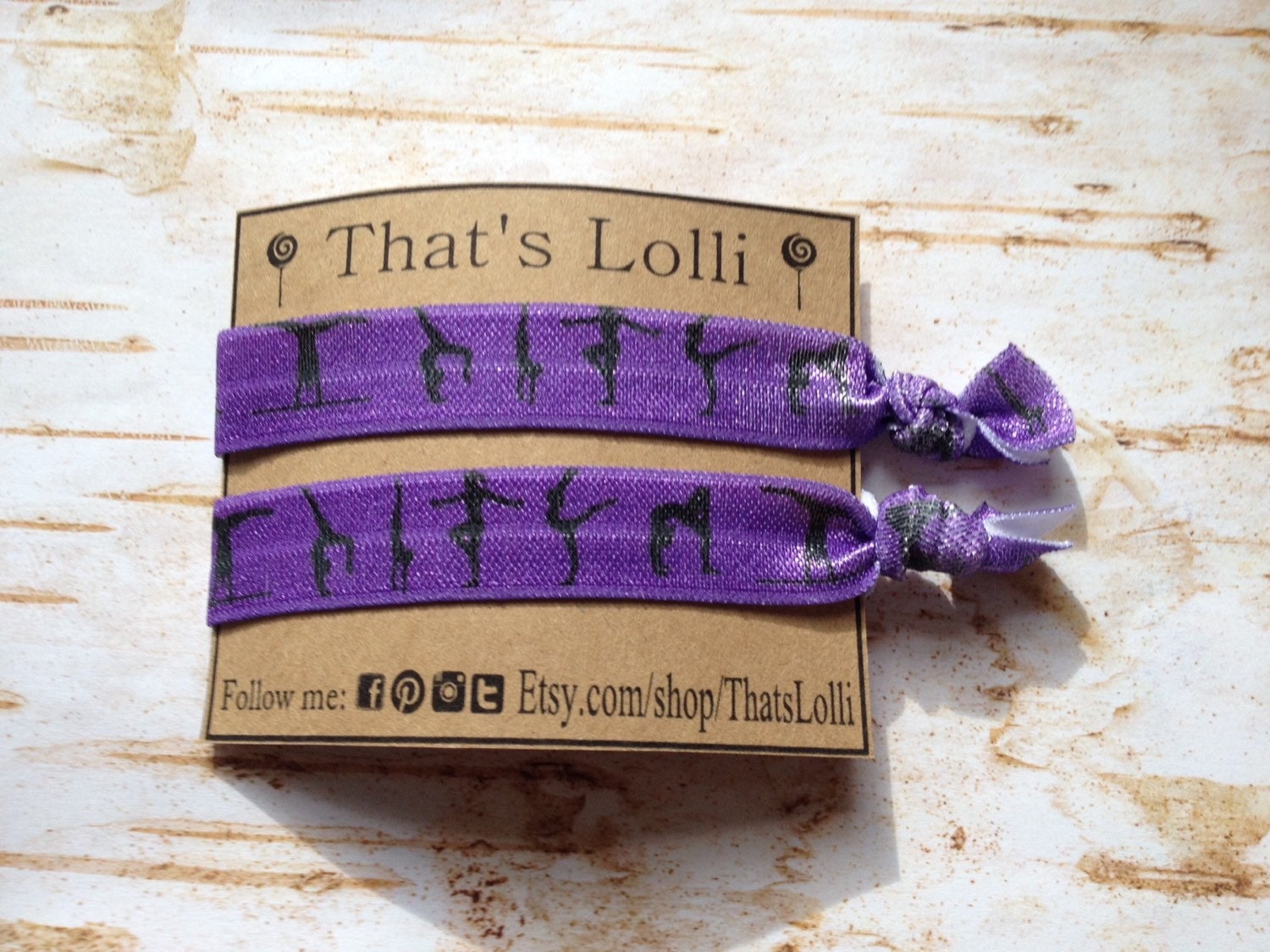 Purple gymnastics foe fold over elastic hair ties birthday