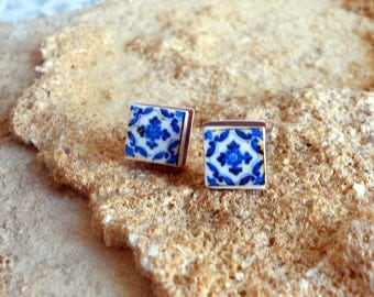 Stud Post Earrings Portugal Blue Antique Azulejo Tile Replica - Ovar (see photo of actual facade) Gift Box Included -