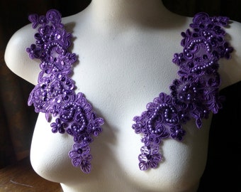 Purple Beaded Lace Applique PAIR in Violet for Lyrical Dance, Bridal, Headbands, Costume Design PR 612violet