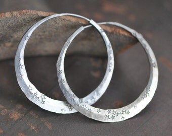 darkened sterling silver hoop earrings with stars, crescent moon hoops, fortune teller's hoops, eco friendly jewelry in your choice of size
