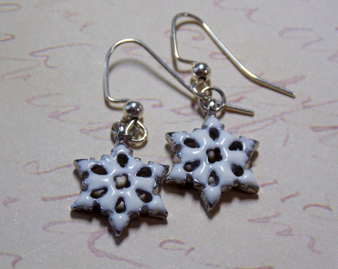 Snowflake Earrings Christmas Earrings Petite White Enamel Winter Jewelry Snowflake Earrings Silver Earrings