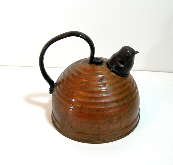 Vintage Arts And Crafts Copper Tea Kettle With Bird Steam