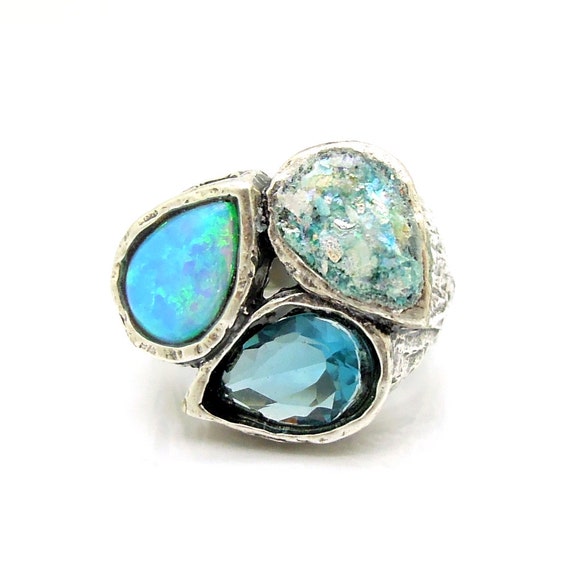 Drop shape opal blue quartz and roman glass silver ring