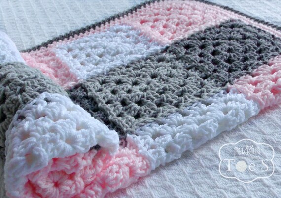 Gray and Pink Baby Blanket Granny Square by PrairieHeartstrings