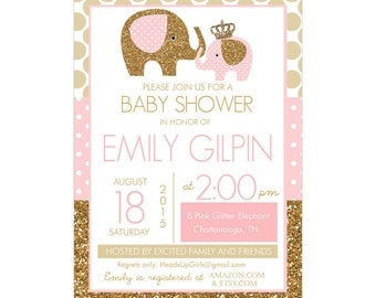 Personalized Pink and Gold Glitter Elephants Baby Shower Invitations and Envelopes One Dozen Printed NV031