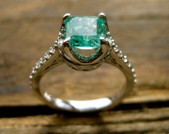 Colombian Emerald Engagement Ring in 14K White Gold with Diamonds and Scrolls on Basket Size 7