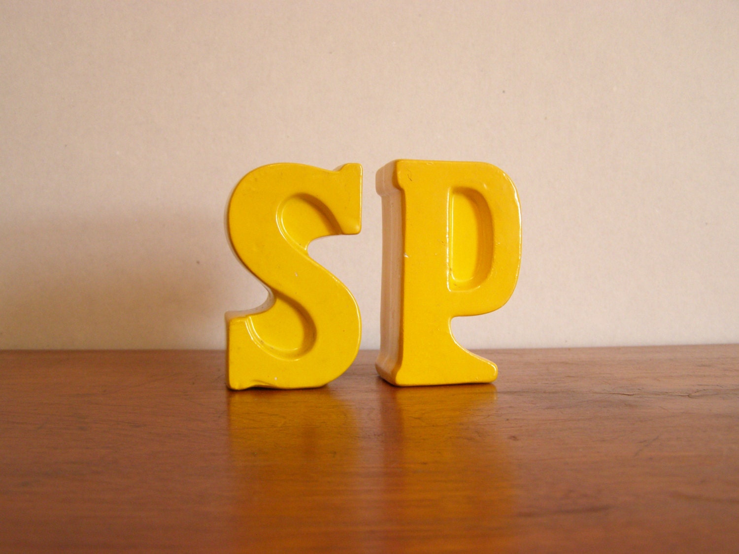 The LETTERS S and P. Yellow Mid Century Modern Salt and Pepper Shakers Ceramic Made in JAPAN