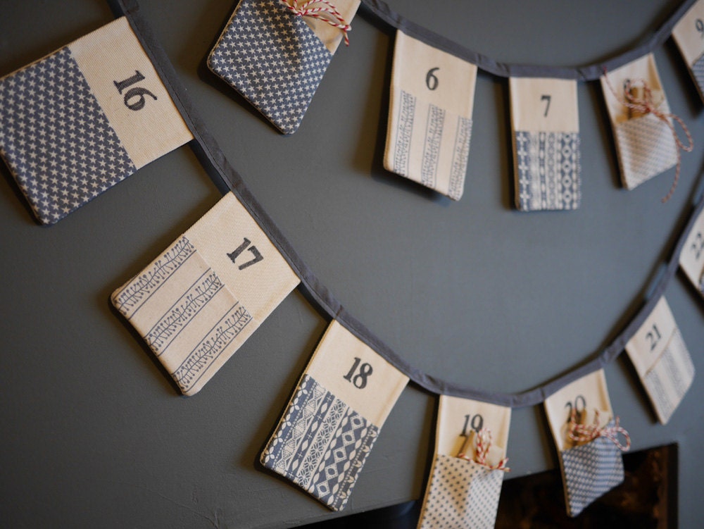 Christmas Advent Calendar Bunting. Colours - Grey and Cream. Patterns - Mix of Scandinavian Fabrics