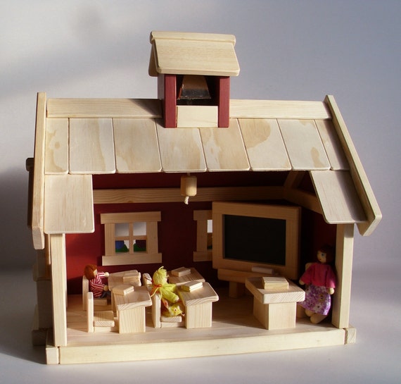 Wooden Toy Handmade School House Wood Toy Play School Set
