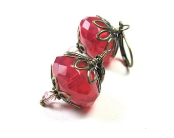 Pink Czech Glass Vintage Style Dangle Earrings, Strawberry Pink Earrings, Birthday Gifts for Mom Sister Aunt, Affordable Costume Jewelry