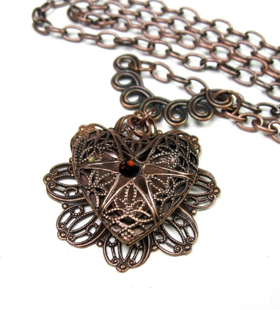 Locket Necklace, Heart Necklace, Antique Copper, Heart Pendant Necklace, Filigree Copper, Romantic, Celtic Knot, jewelry by NaLa, Gifts